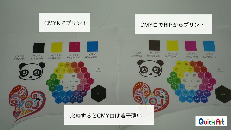 左がCMYKでプリント、右がCMY白でRIPからプリントしたもの。比較するとCMY白は若干薄い