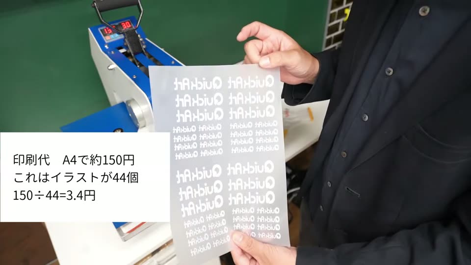ベーキングしたフィルムを持つ手と、印刷代A4で約150円、イラスト44個、150÷44=3.4円というテロップ