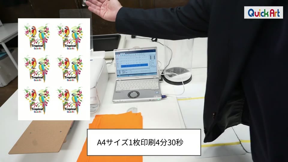 小型DTFプリンターとノートパソコンの横に、A4にイラストを6つ並べたデータを表示。A4サイズ1枚印刷4分30秒というテロップ
