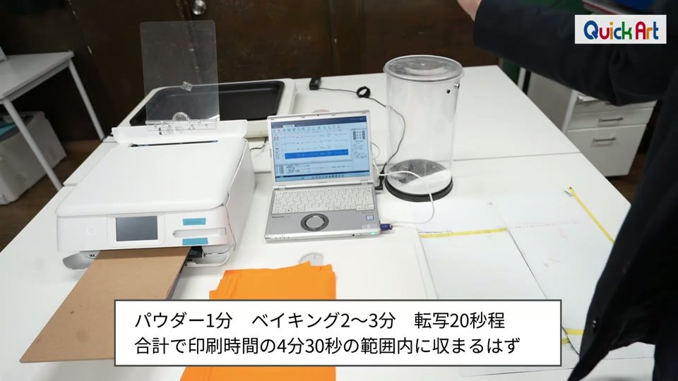 小型DTFプリンターの前で工程を説明する様子。パウダー1分、ベイキング2〜3分、転写20秒程、合計で印刷時間の4分30秒の範囲内に収まるはずというテロップ
