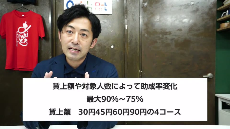 賃上額や対象人数によって助成率変化、最大90%〜75%、賃上額30円45円60円90円の4コース、というテロップ