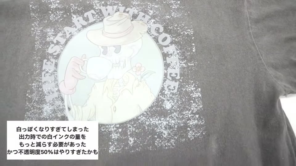 Tシャツの背中にDTFでプリントしたデザインが白っぽく出ている様子と、白インクの量を減らす必要があったというテロップ
