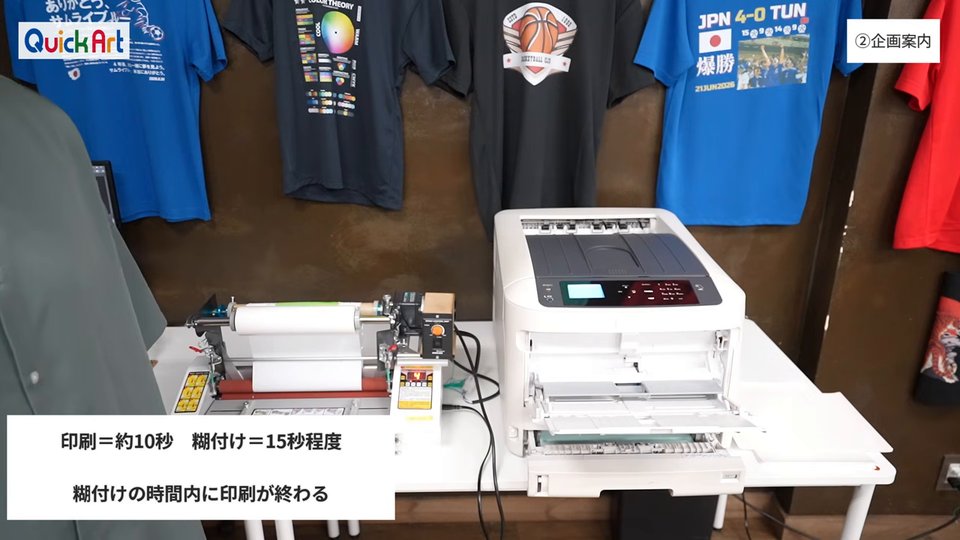 印刷=約10秒 糊付け=15秒程度 糊付けの時間内に印刷が終わる。白トナープリンタの横にペイスターを並べた作業台