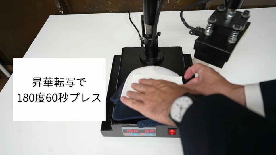 帽子プレス機の下ゴテにのせたメッシュキャップに昇華転写紙を置いている様子と、昇華転写で180度60秒プレスというテロップ