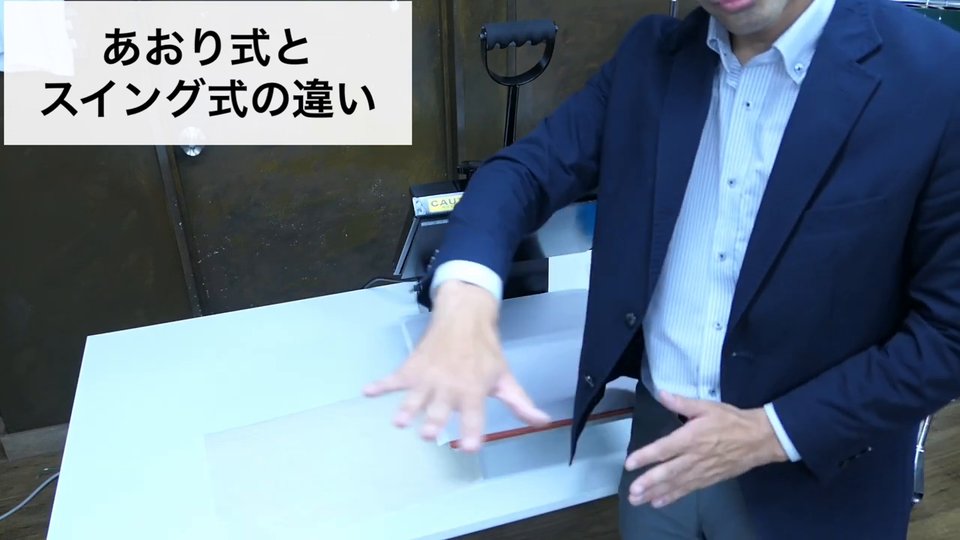 手の動きで、あおり式は上ゴテが奥から手前へ閉じることを説明している。テロップ：あおり式とスイング式の違い