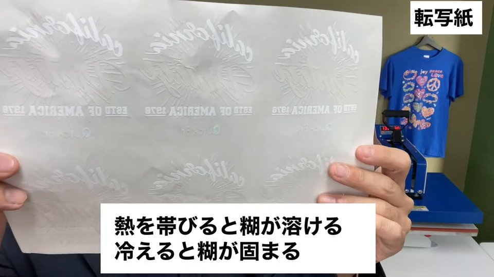 抜ける転写紙タイプWのマーク。熱を帯びると糊が溶ける、冷えると糊が固まる