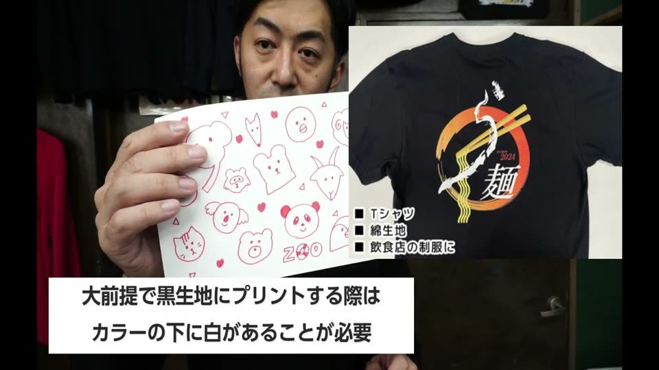 手描きの絵の紙と黒いTシャツのプリント見本と、大前提で黒生地にプリントする際はカラーの下に白があることが必要、というテロップ