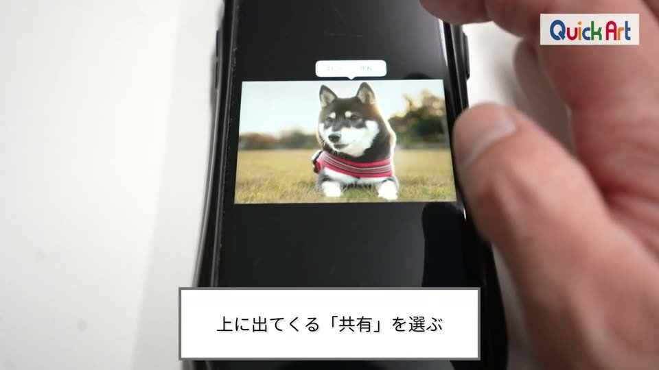 長押しした犬の上にメニューが出ている様子と、上に出てくる共有を選ぶというテロップ
