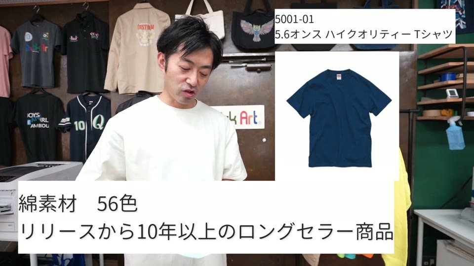 5001-01 5.6オンス ハイクオリティーTシャツを着て紹介している様子と、ネイビーの商品写真