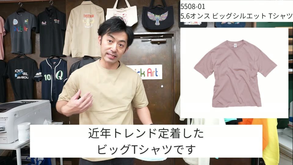 5508-01 5.6オンス ビッグシルエットTシャツ（ベージュ）を着て紹介している様子と、ピンクベージュの商品写真