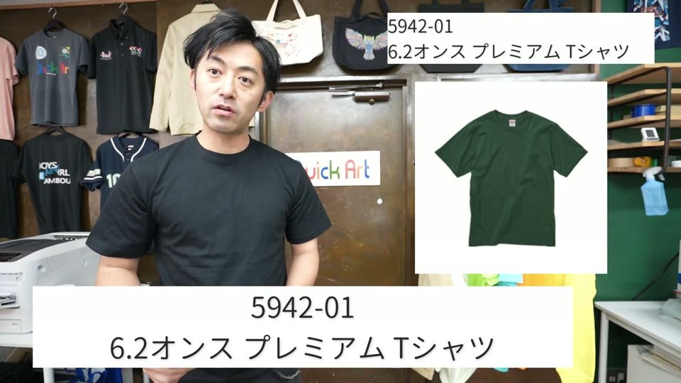 5942-01 6.2オンス プレミアムTシャツ（黒）を着て紹介している様子と、グリーンの商品写真