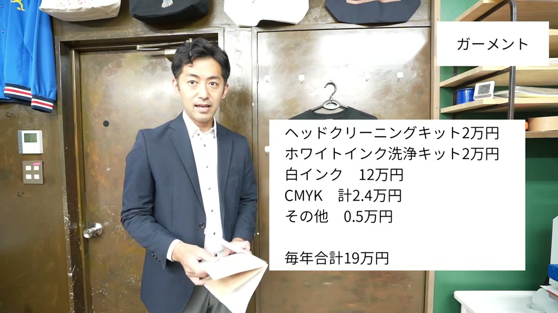 ガーメントプリンターの年間維持費。ヘッドクリーニングキット2万円、ホワイトインク洗浄キット2万円、白インク12万円、CMYK計2.4万円、その他0.5万円、毎年合計19万円