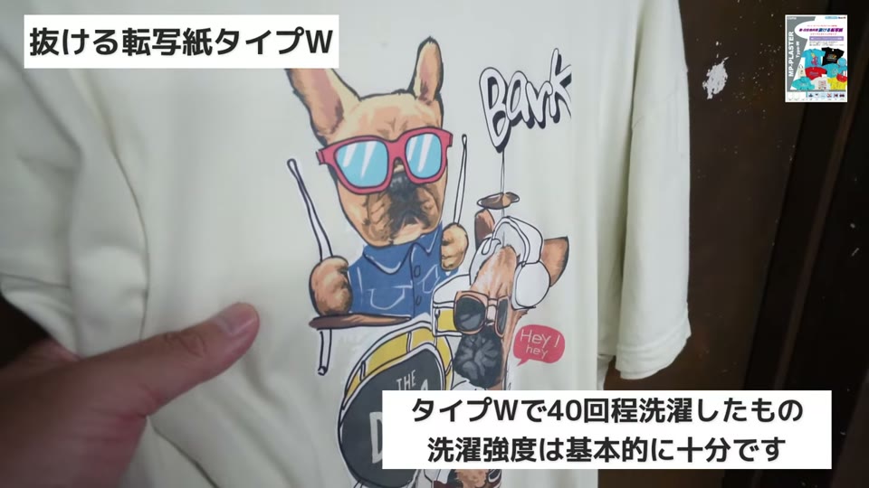 タイプWでプリントし約40回洗濯したアイボリーのTシャツ。犬のイラストに割れは見られない