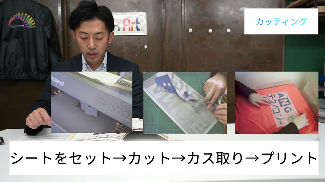 カッティングマシンでシートをカットし、カス取りをして、生地にプリントする流れ