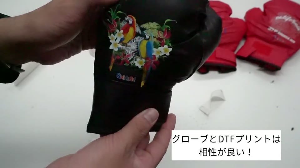 黒いボクシンググローブに小型DTFで転写したオウムと花のフルカラーイラスト