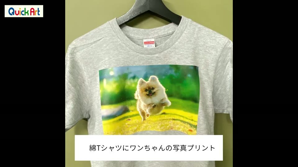 グレーの綿Tシャツに、芝生を走る犬の写真をWHS-CLでプリントした見本