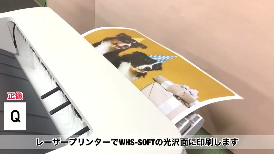 レーザープリンターの手差しトレイから、犬の写真を印刷したWHS-SOFTが排出されているところ。「正像」の表示