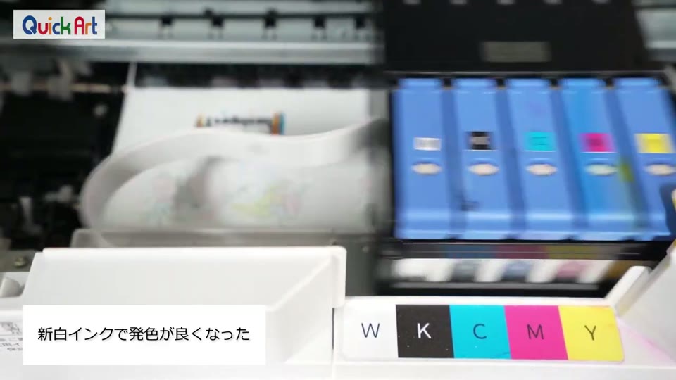 印刷中のWIP754の内部。W・K・C・M・Yのインクカートリッジとヘッドが動いている