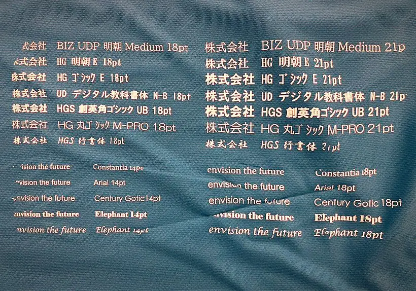 濃色生地に転写した細かい文字のテストプリント